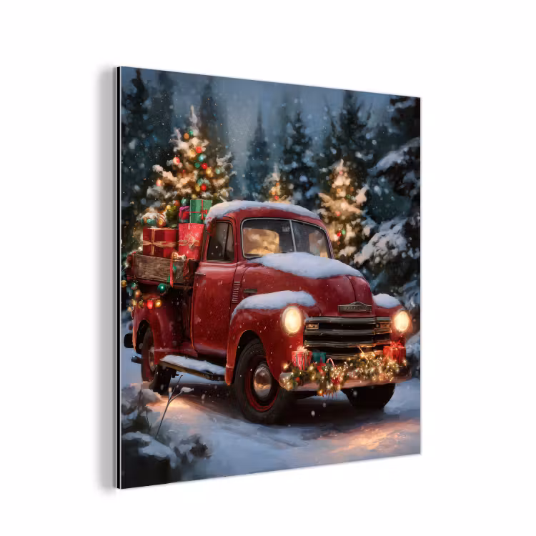 Aluminium schilderij - Kersttruck - Sneeuwbos - Rood — 1