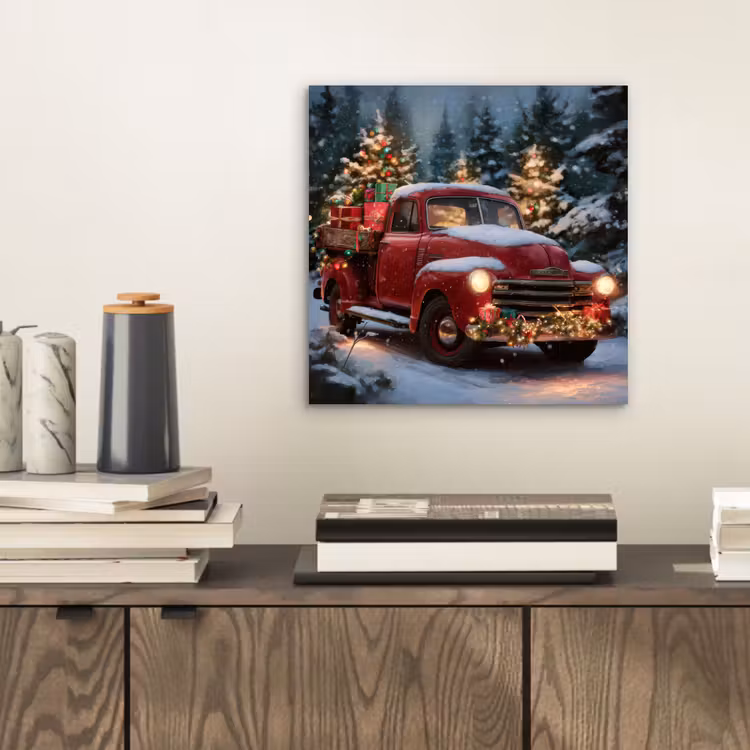 Aluminium schilderij - Kersttruck - Sneeuwbos - Rood — 2