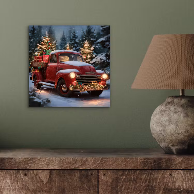 Aluminium schilderij - Kersttruck - Sneeuwbos - Rood — 3