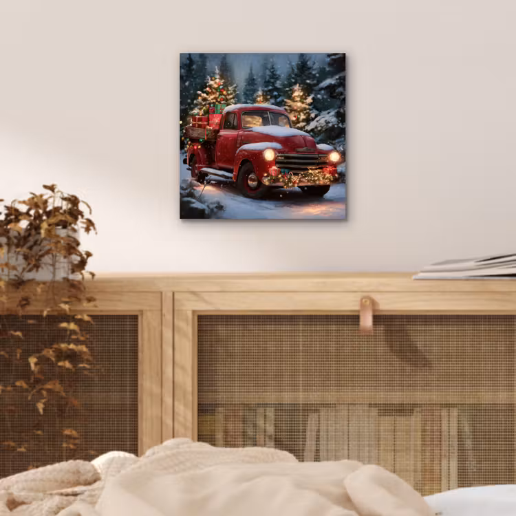 Aluminium schilderij - Kersttruck - Sneeuwbos - Rood — 4