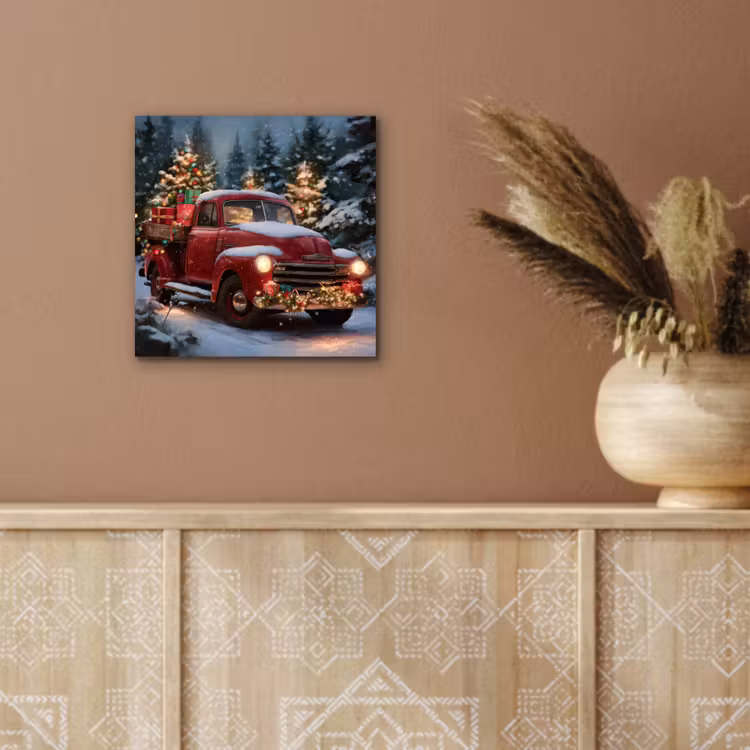 Aluminium schilderij - Kersttruck - Sneeuwbos - Rood — 5