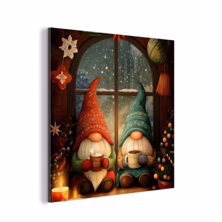 Aluminium schilderij - Gnooms - Kerst - Raam - Kleurrijk — 1