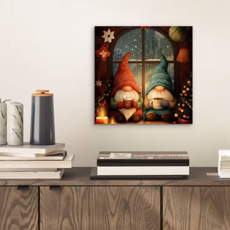Aluminium schilderij - Gnooms - Kerst - Raam - Kleurrijk — 2