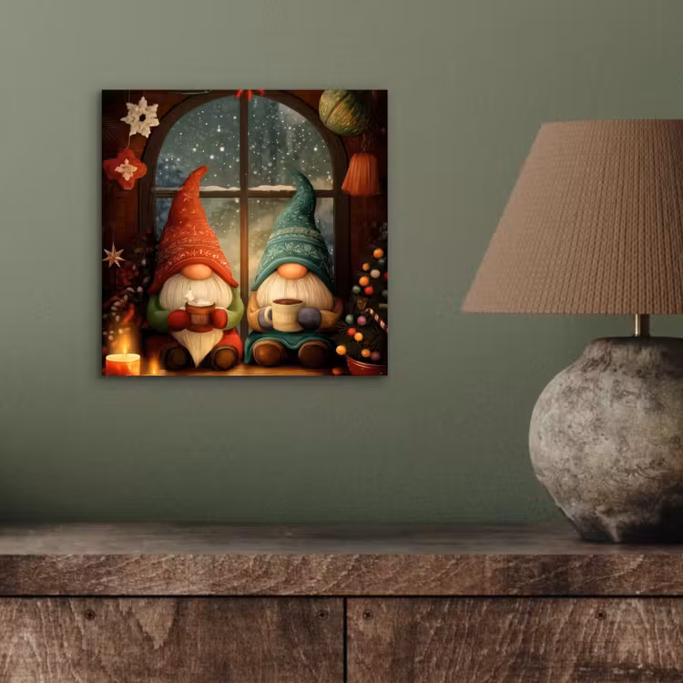 Aluminium schilderij - Gnooms - Kerst - Raam - Kleurrijk — 3