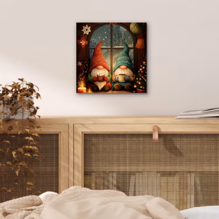 Aluminium schilderij - Gnooms - Kerst - Raam - Kleurrijk — 4
