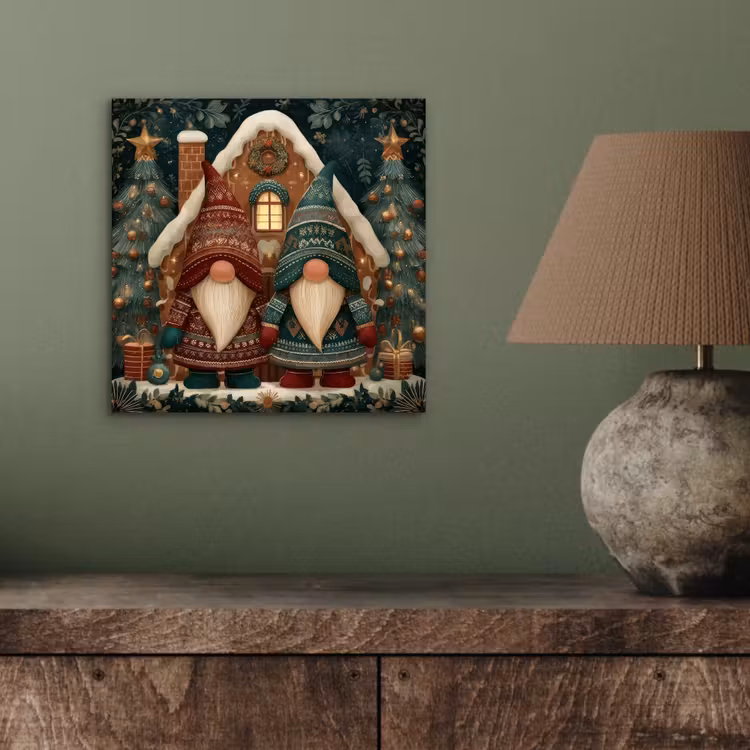 Aluminium schilderij - Kerst - Gnomen - Peperkoekhuisje - Rood - Groen — 3
