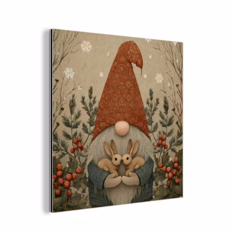 Aluminium schilderij - Kerstgnome - Konijntjes - Kleurrijk — 1
