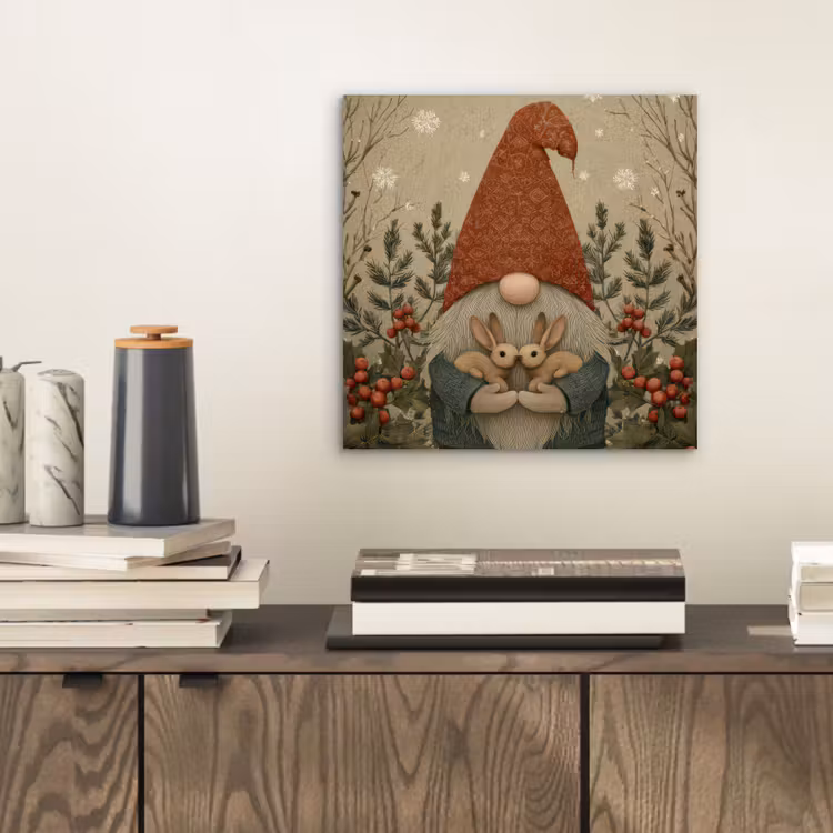 Aluminium schilderij - Kerstgnome - Konijntjes - Kleurrijk — 2