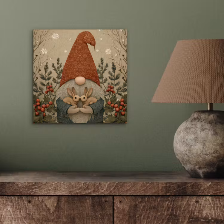 Aluminium schilderij - Kerstgnome - Konijntjes - Kleurrijk — 3