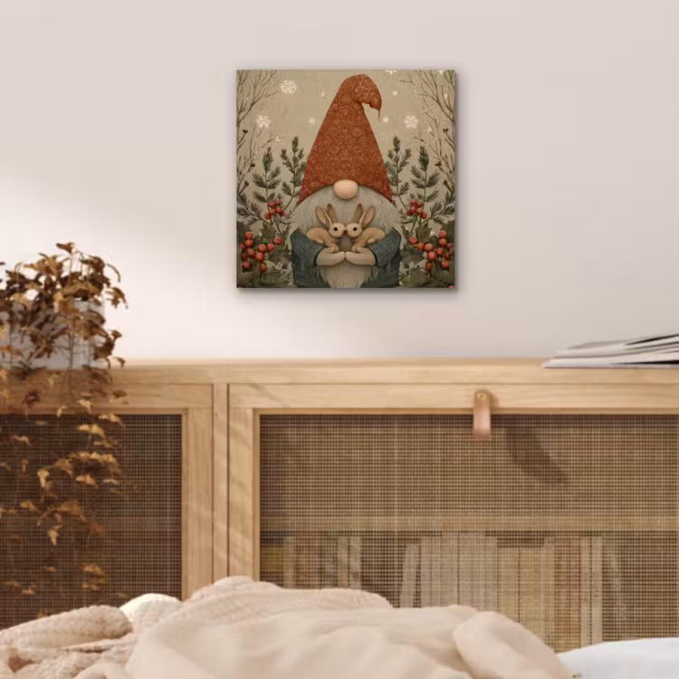Aluminium schilderij - Kerstgnome - Konijntjes - Kleurrijk — 4