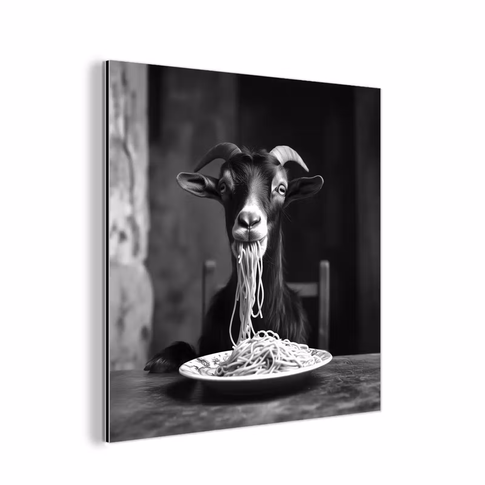 Aluminium schilderij - Geit - Bord - Spaghetti - Zwart Wit — 1