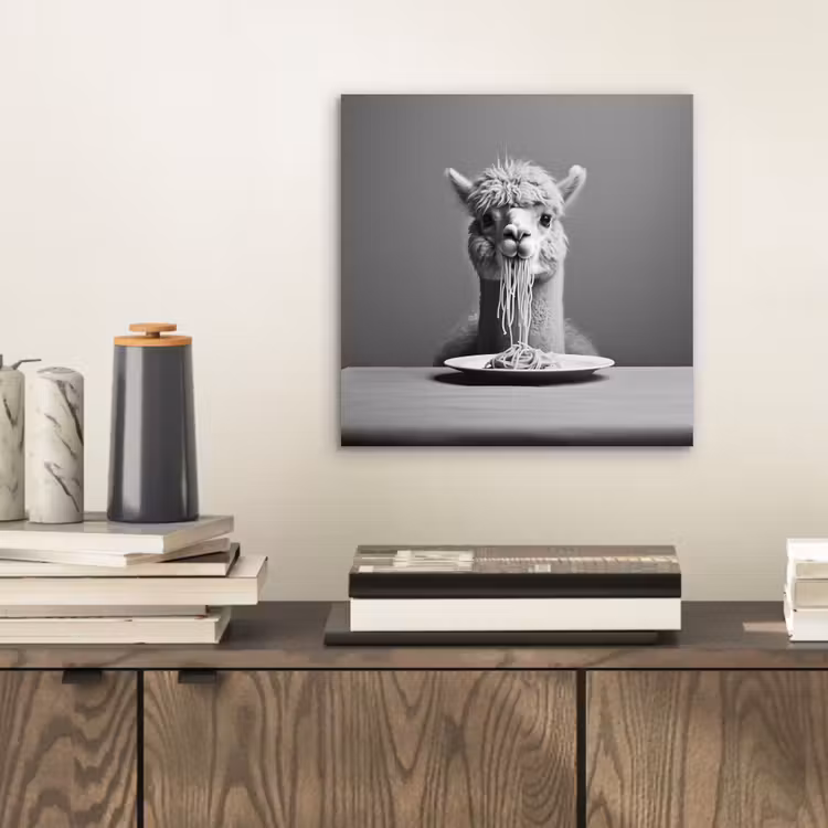 Aluminium schilderij - Alpaca - Pasta - Zwart - Wit - Grappig - Dieren — 2