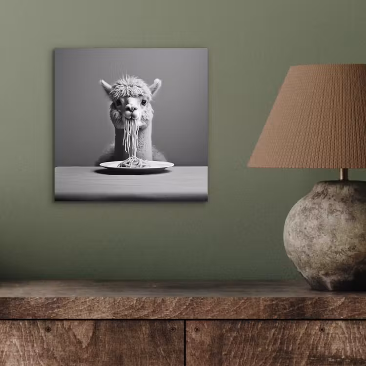 Aluminium schilderij - Alpaca - Pasta - Zwart - Wit - Grappig - Dieren — 3