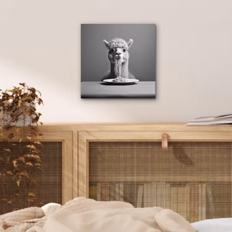 Aluminium schilderij - Alpaca - Pasta - Zwart - Wit - Grappig - Dieren — 4