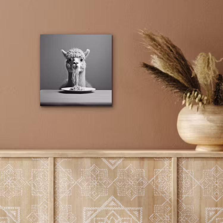 Aluminium schilderij - Alpaca - Pasta - Zwart - Wit - Grappig - Dieren — 5