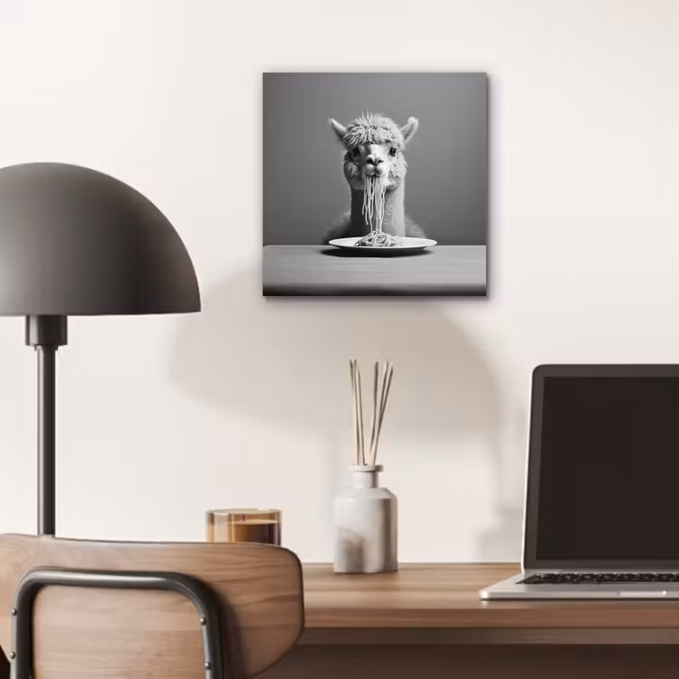 Aluminium schilderij - Alpaca - Pasta - Zwart - Wit - Grappig - Dieren — 6