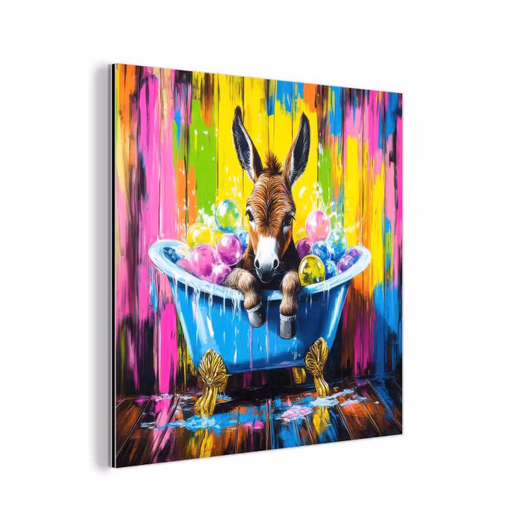 Aluminium schilderij - Ezel - Badkuip - Roze - Schuim — 1