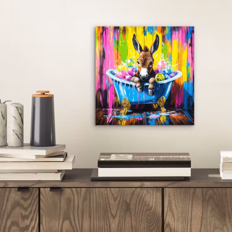 Aluminium schilderij - Ezel - Badkuip - Roze - Schuim — 2