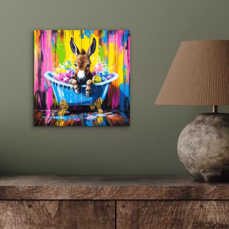 Aluminium schilderij - Ezel - Badkuip - Roze - Schuim — 3