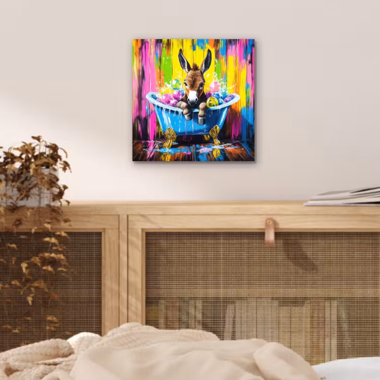 Aluminium schilderij - Ezel - Badkuip - Roze - Schuim — 4