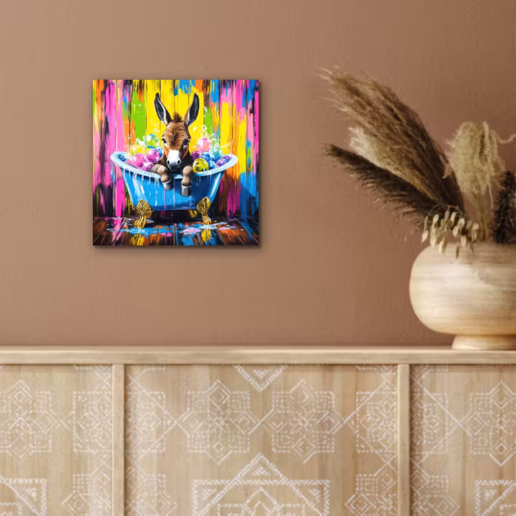 Aluminium schilderij - Ezel - Badkuip - Roze - Schuim — 5