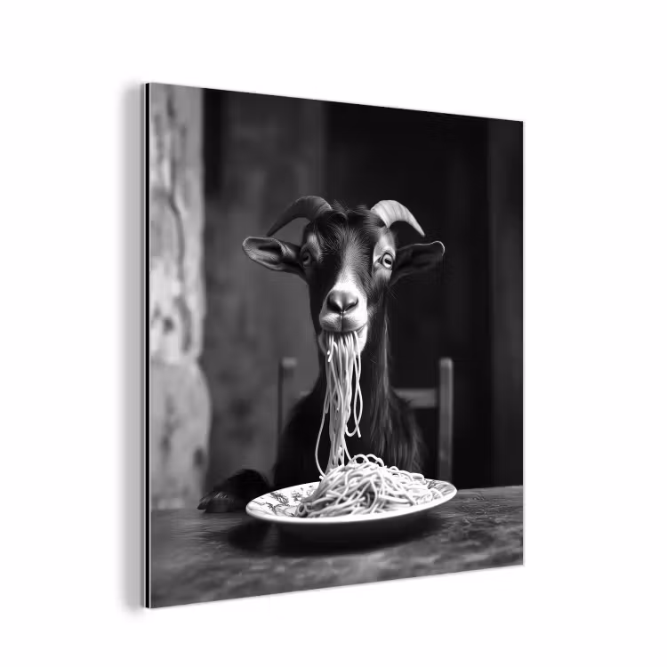 Aluminium schilderij - Geit - Bord - Spaghetti - Zwart Wit — 1