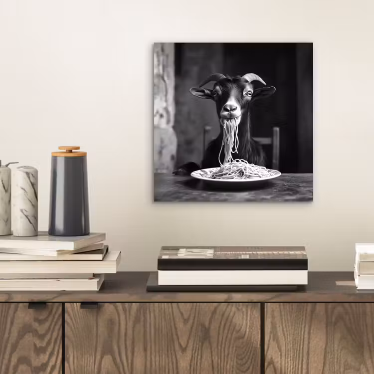 Aluminium schilderij - Geit - Bord - Spaghetti - Zwart Wit — 2