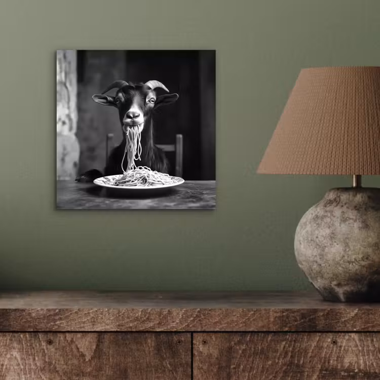 Aluminium schilderij - Geit - Bord - Spaghetti - Zwart Wit — 3