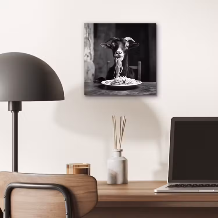 Aluminium schilderij - Geit - Bord - Spaghetti - Zwart Wit — 6