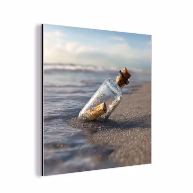 Aluminium schilderij - Glazenfles - Post - Zee - Zand — 1