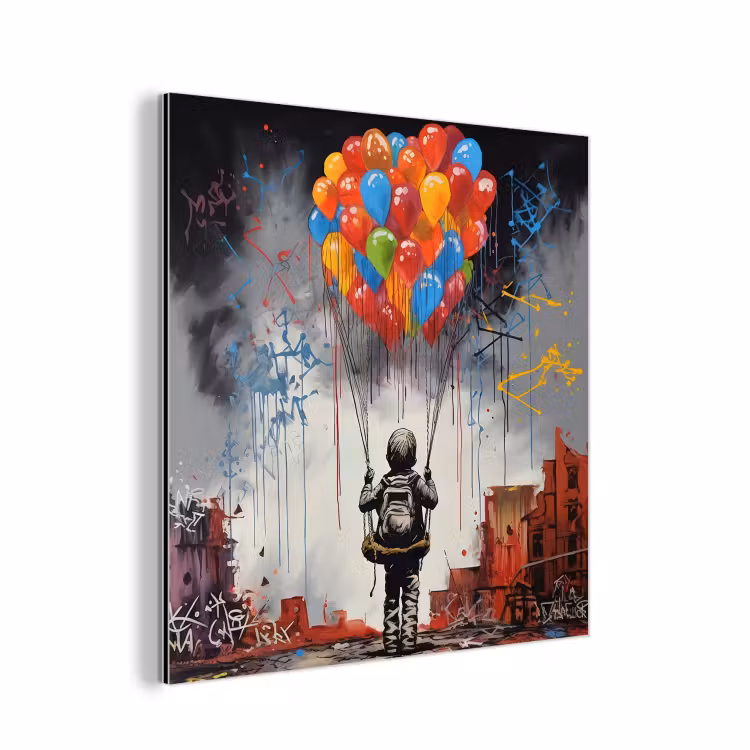 Aluminium schilderij - Jongen - Ballonnen - Gebouwen - Kunst — 1