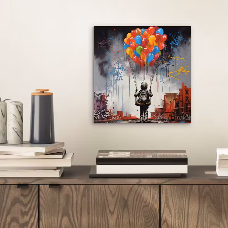 Aluminium schilderij - Jongen - Ballonnen - Gebouwen - Kunst — 2
