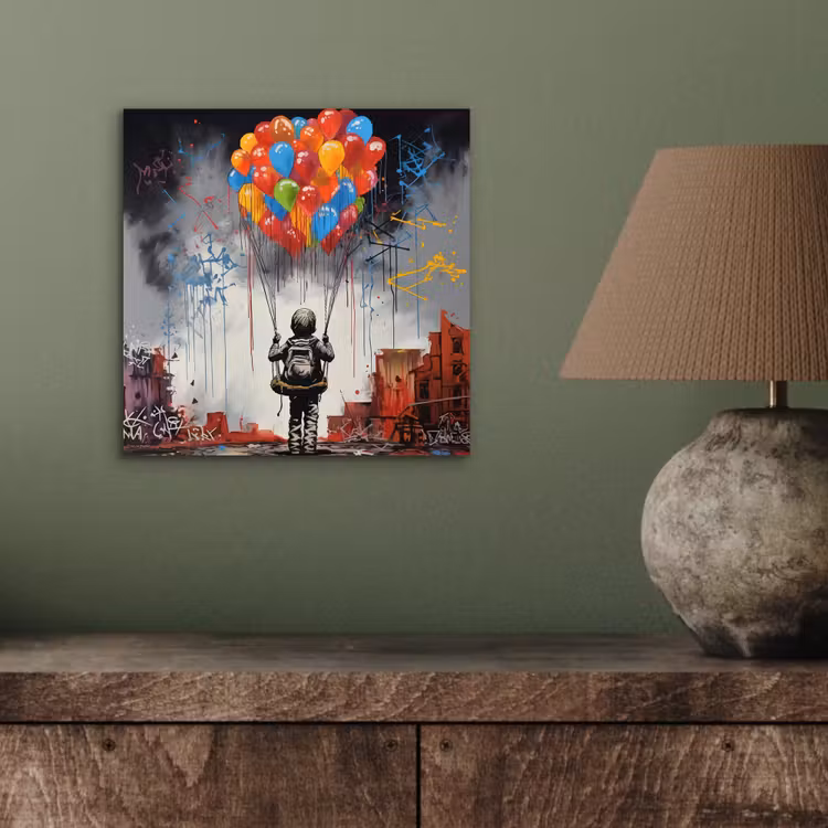 Aluminium schilderij - Jongen - Ballonnen - Gebouwen - Kunst — 3