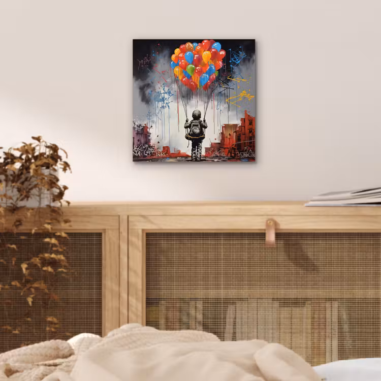 Aluminium schilderij - Jongen - Ballonnen - Gebouwen - Kunst — 4
