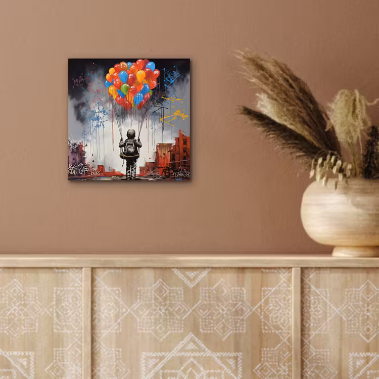 Aluminium schilderij - Jongen - Ballonnen - Gebouwen - Kunst — 5