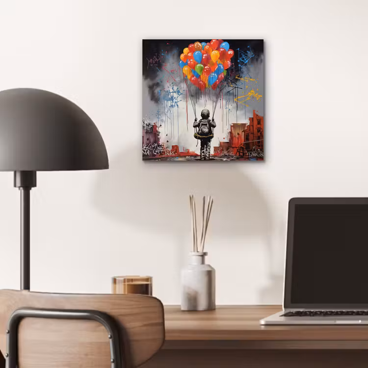 Aluminium schilderij - Jongen - Ballonnen - Gebouwen - Kunst — 6