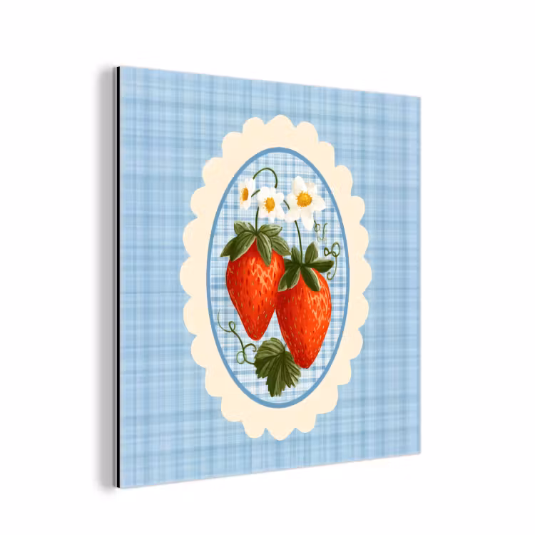 Aluminium schilderij - Aardbeien - Lijst - Rood - Geruit — 1
