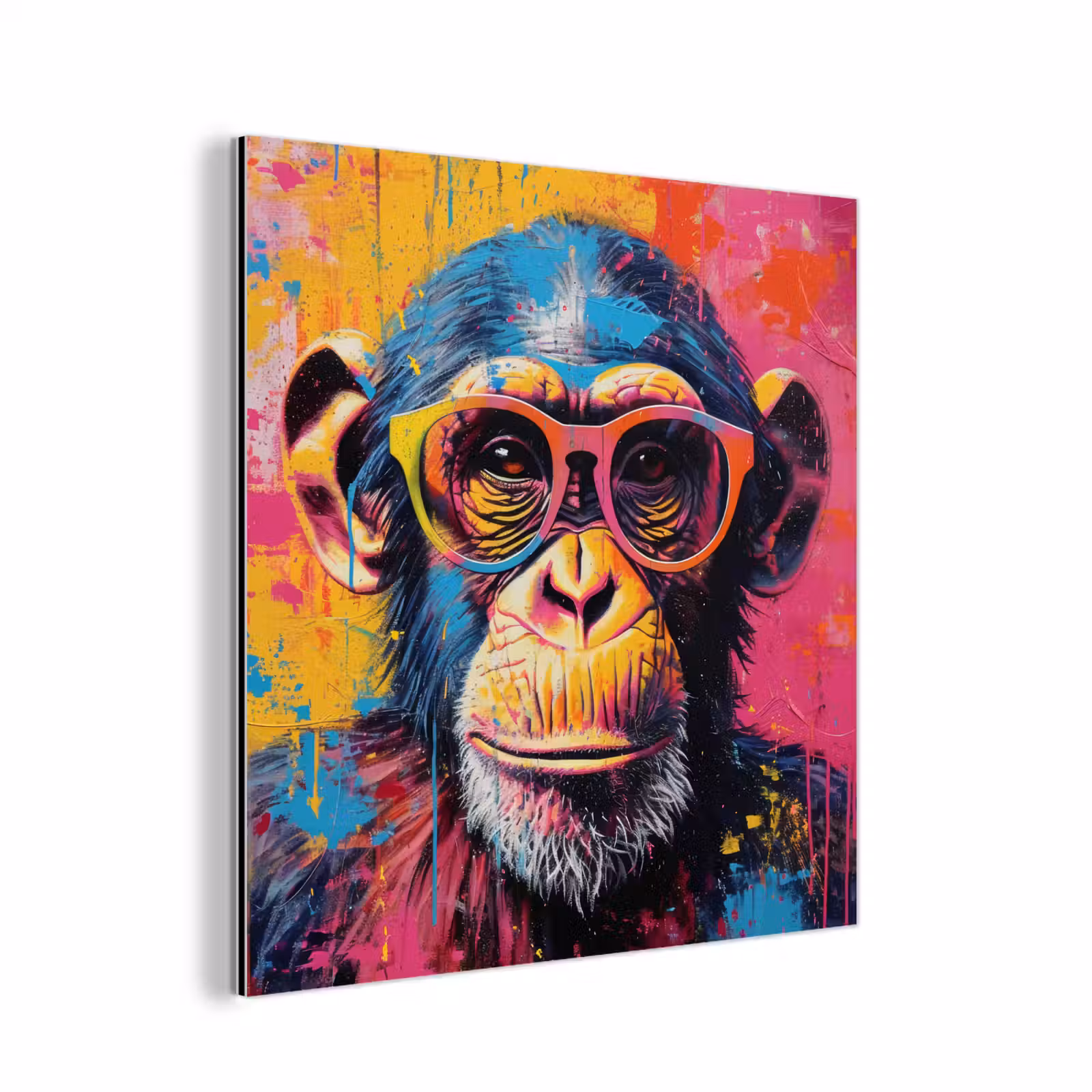 Aluminium schilderij - Graffiti - Chimpansee - Aap - Bril - Kleurrijk — 1