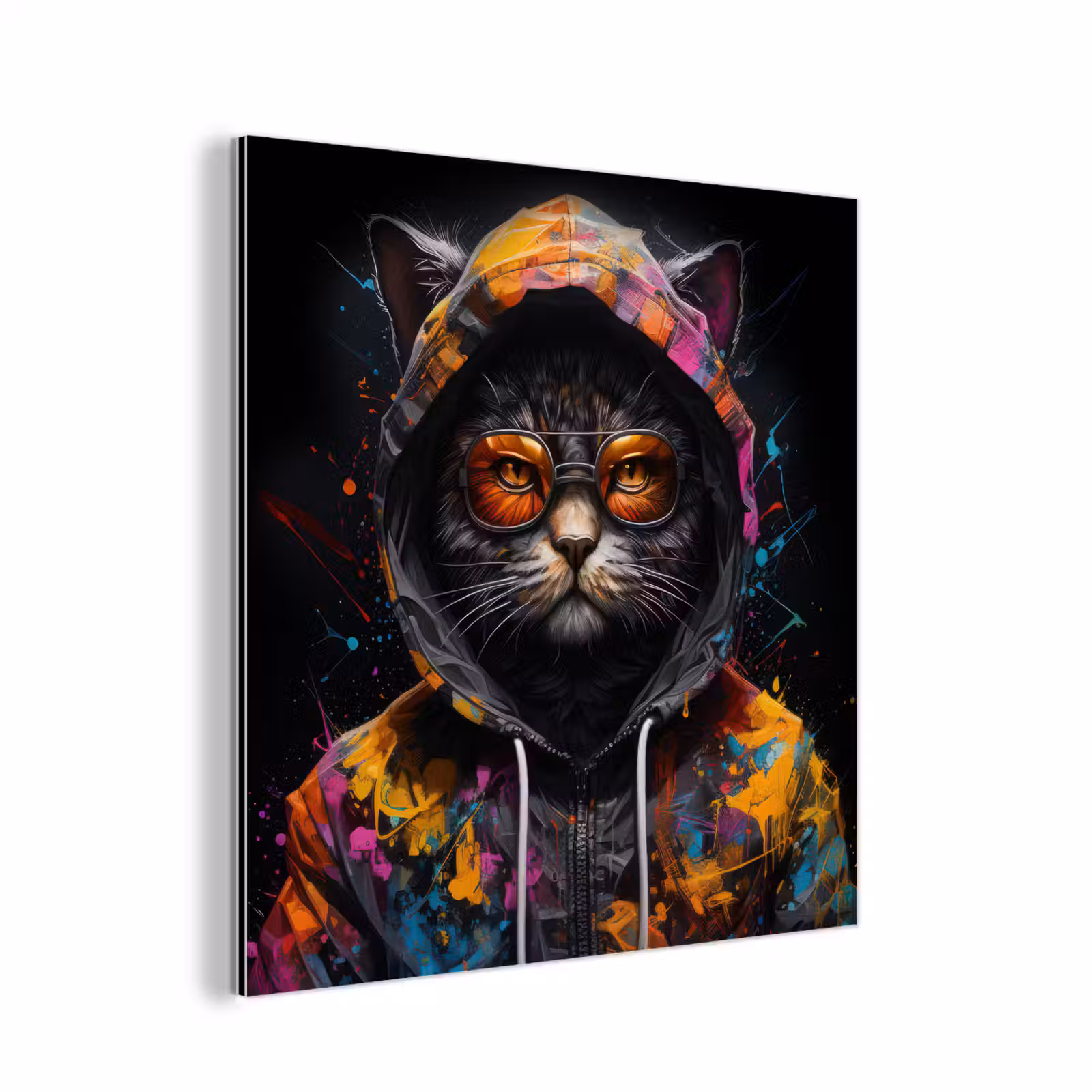 Aluminium schilderij - Kat - Jas - Graffiti - Bril - Zwart — 1