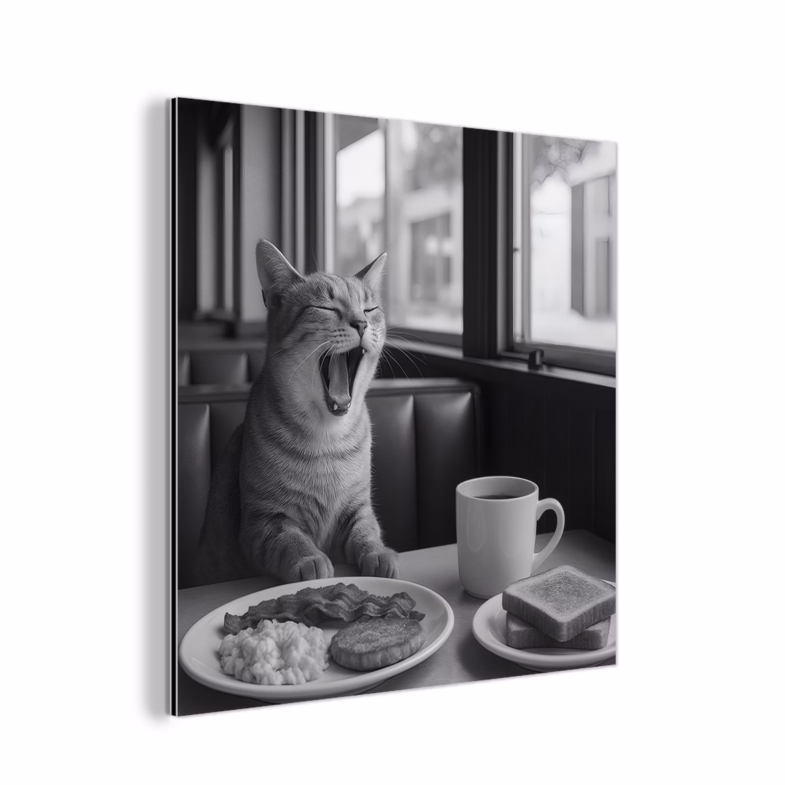 Aluminium schilderij - Kat - Koffie - Brood - Zwart — 1