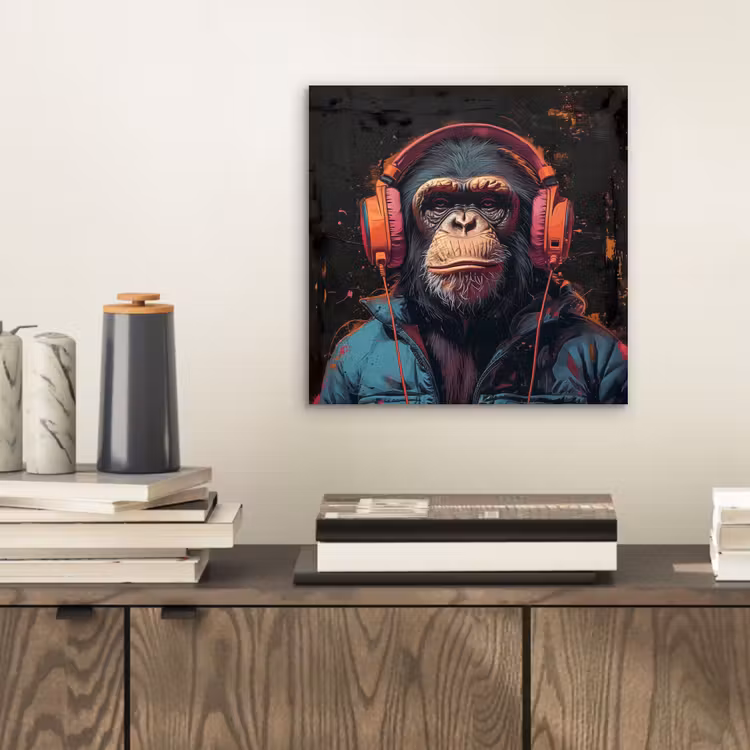 Aluminium schilderij - Graffiti - Chimpansee - Koptelefoon - Aap — 2