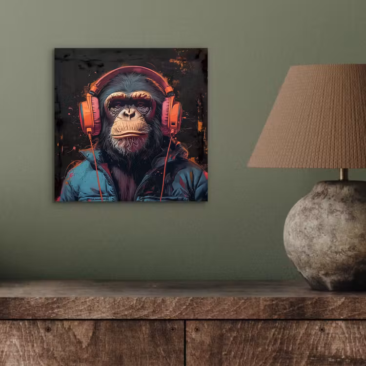 Aluminium schilderij - Graffiti - Chimpansee - Koptelefoon - Aap — 3
