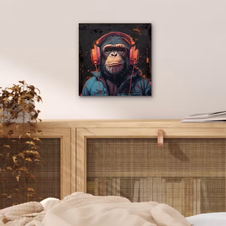 Aluminium schilderij - Graffiti - Chimpansee - Koptelefoon - Aap — 4