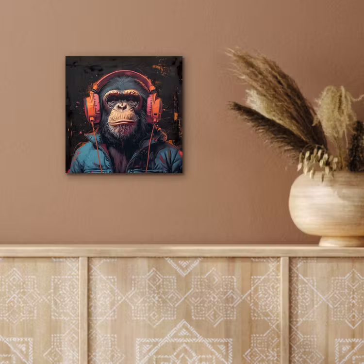 Aluminium schilderij - Graffiti - Chimpansee - Koptelefoon - Aap — 5