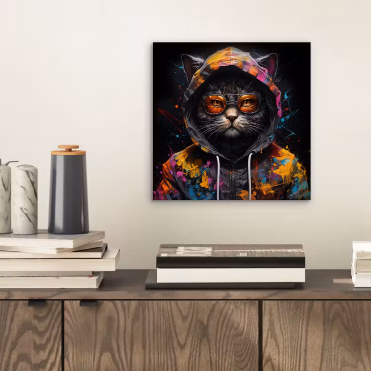 Aluminium schilderij - Kat - Jas - Graffiti - Bril - Zwart — 2