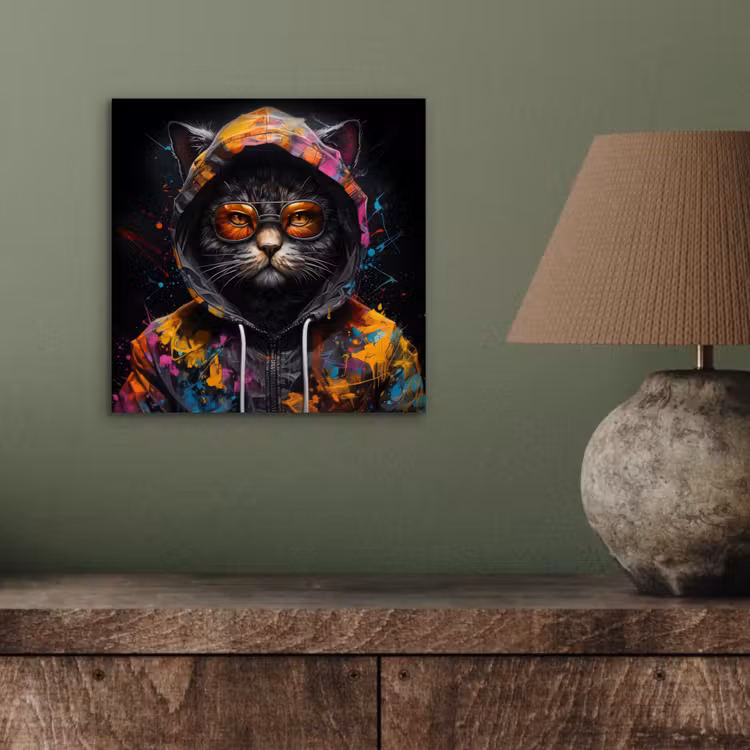 Aluminium schilderij - Kat - Jas - Graffiti - Bril - Zwart — 3