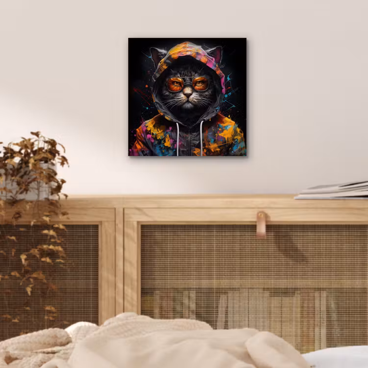 Aluminium schilderij - Kat - Jas - Graffiti - Bril - Zwart — 4