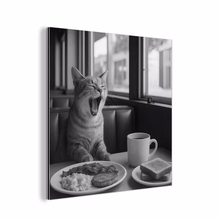Aluminium schilderij - Kat - Koffie - Brood - Zwart — 1