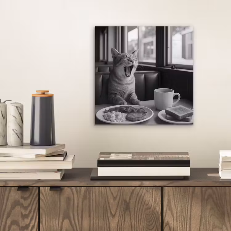 Aluminium schilderij - Kat - Koffie - Brood - Zwart — 2