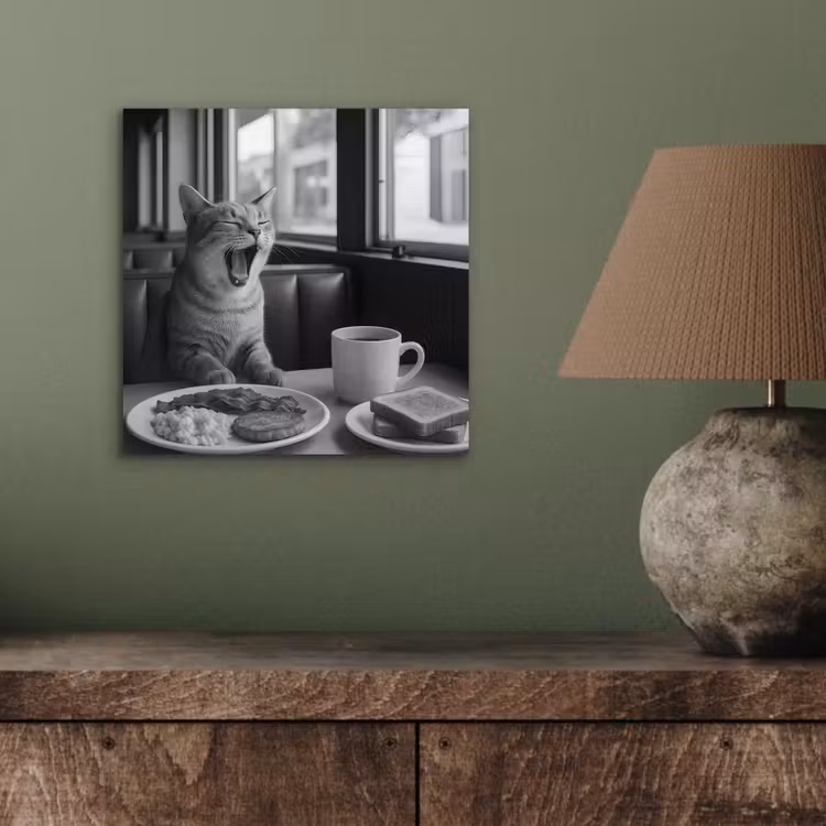 Aluminium schilderij - Kat - Koffie - Brood - Zwart — 3